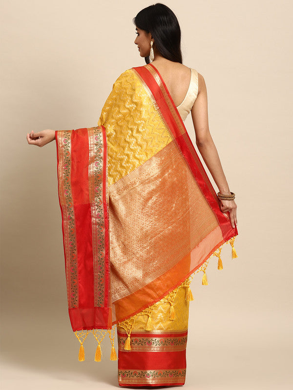 Yellow Silk Blend Woven Zari Design Abstract Saree with Unstitched Blouse - Hiral Fashion | Grocsy