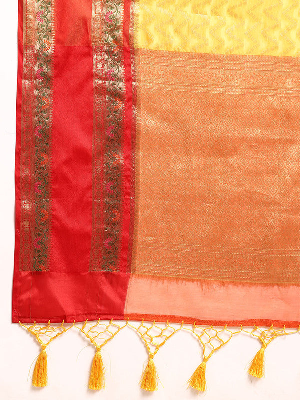 Yellow Silk Blend Woven Zari Design Abstract Saree with Unstitched Blouse - Hiral Fashion | Grocsy