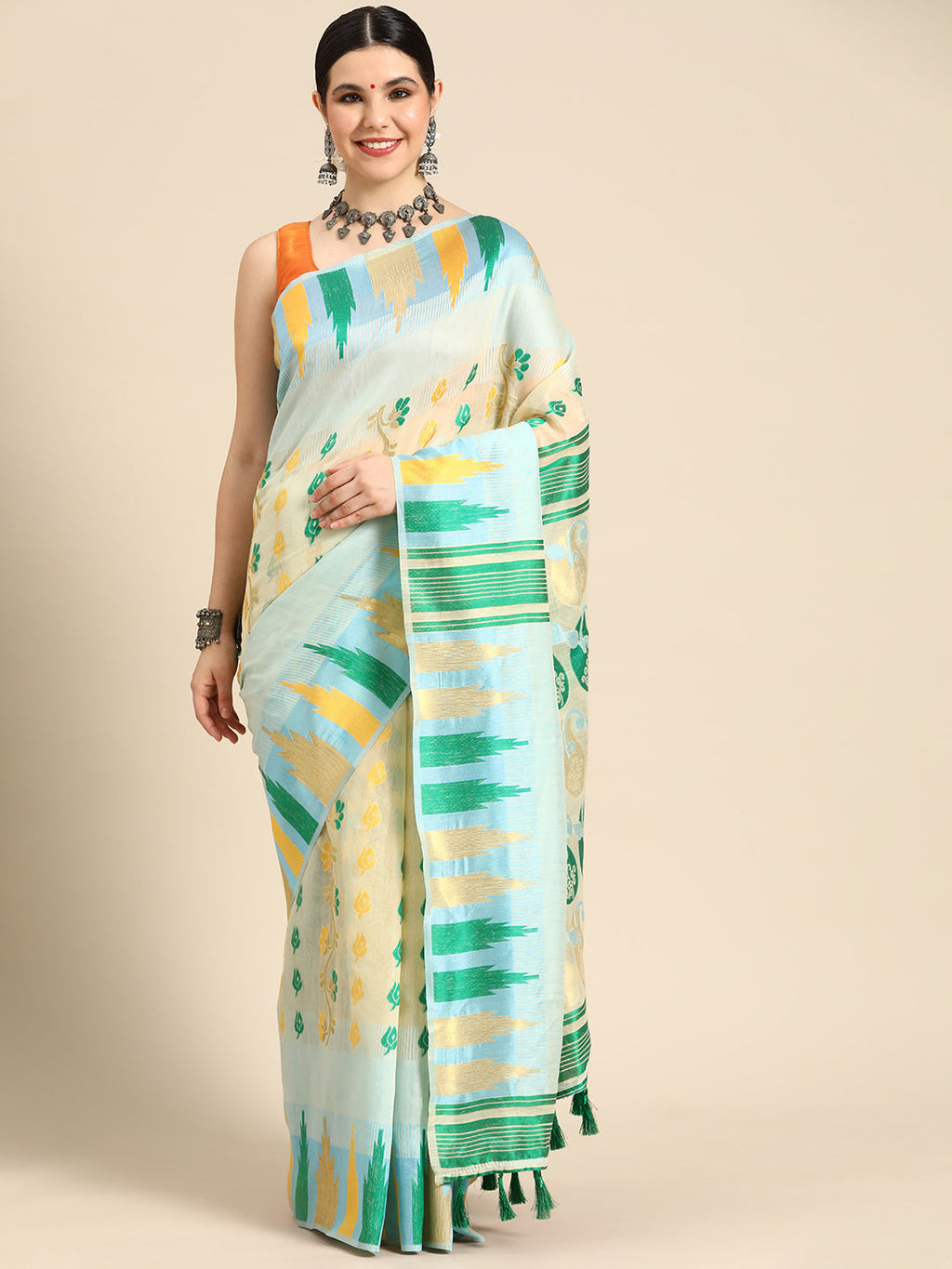 Blue Pure Cotton Woven Zari Design Floral Saree with Unstitched Blouse - Hiral Fashion | Grocsy