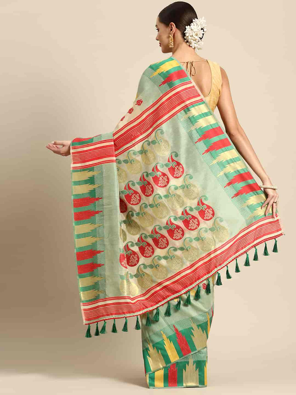 Green Pure Cotton Woven Zari Design Floral Saree with Unstitched Blouse - Hiral Fashion | Grocsy
