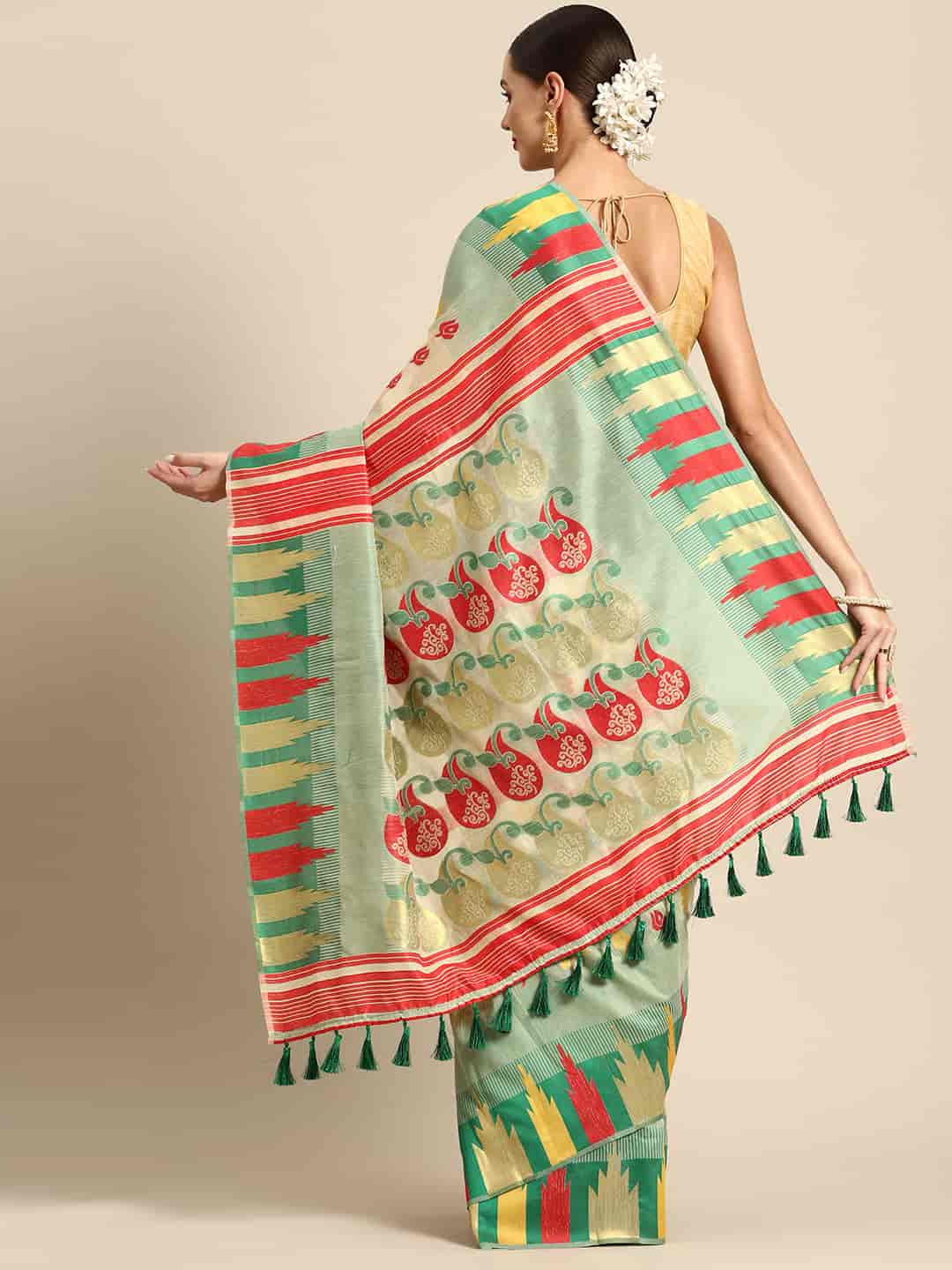 Green Pure Cotton Woven Zari Design Floral Saree with Unstitched Blouse - Hiral Fashion | Grocsy