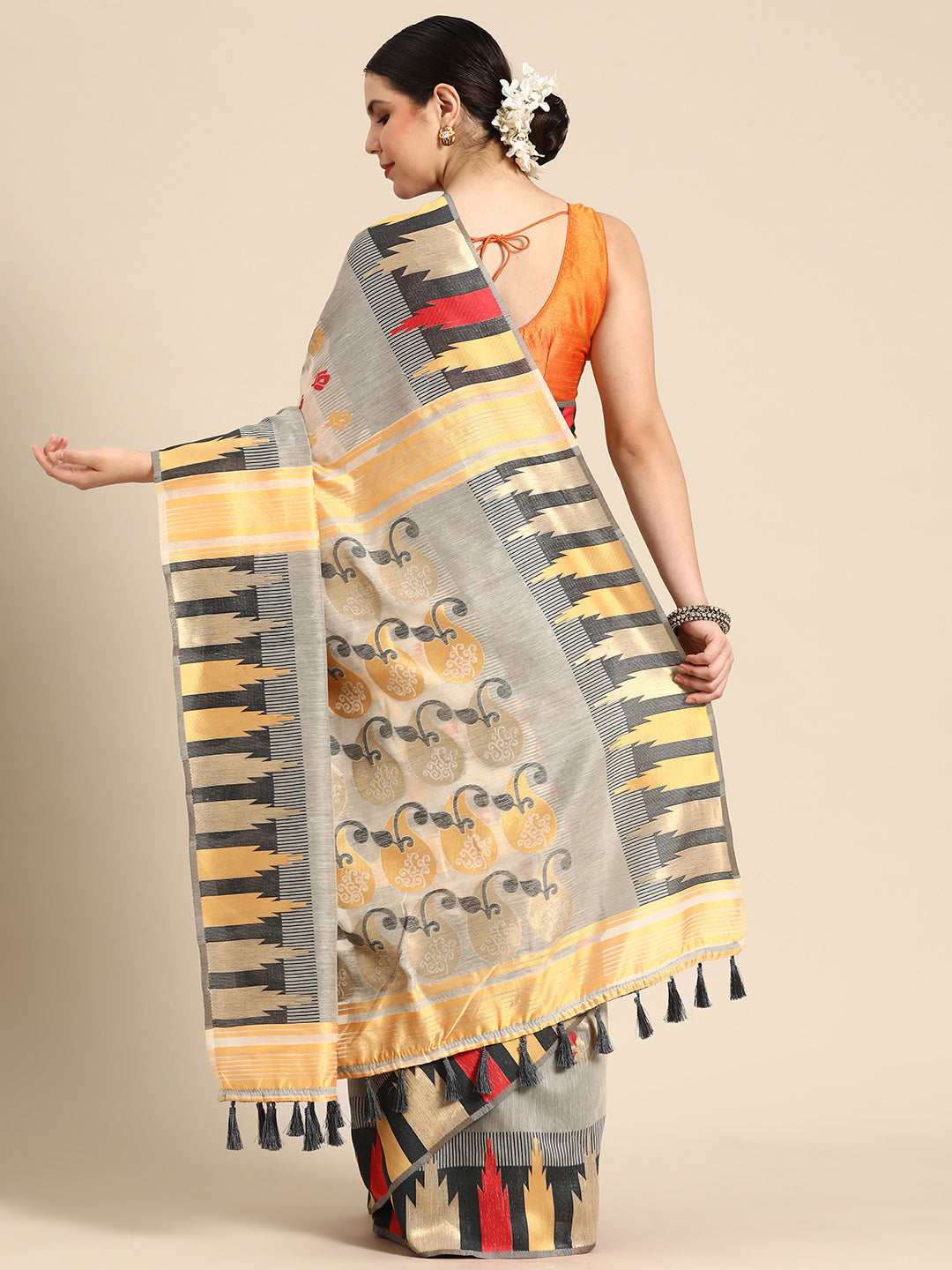 Gray Pure Cotton Woven Zari Design Floral Saree with Unstitched Blouse - Hiral Fashion | Grocsy