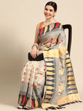 Gray Pure Cotton Woven Zari Design Floral Saree with Unstitched Blouse - Hiral Fashion | Grocsy