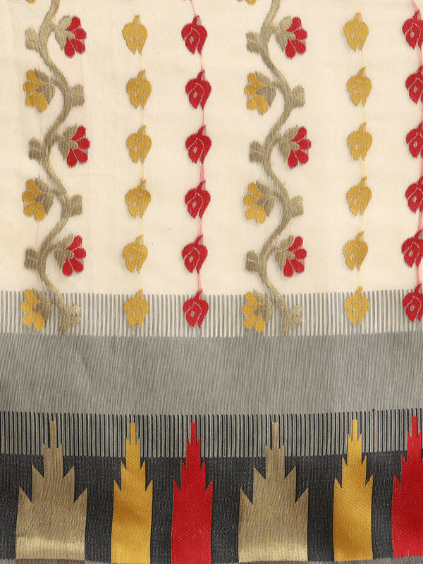 Gray Pure Cotton Woven Zari Design Floral Saree with Unstitched Blouse - Hiral Fashion | Grocsy