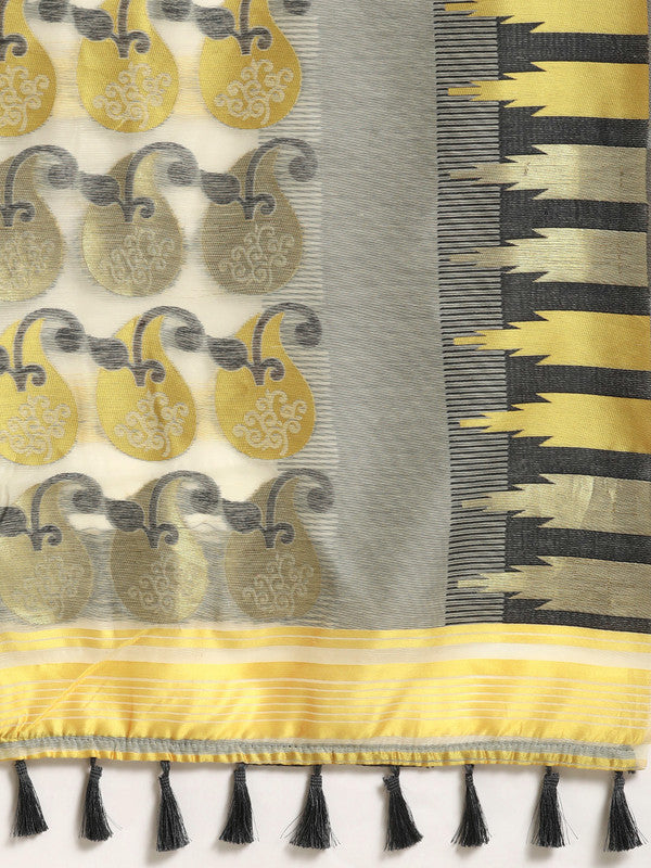 Gray Pure Cotton Woven Zari Design Floral Saree with Unstitched Blouse - Hiral Fashion | Grocsy