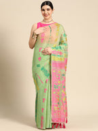 Green Pure Cotton Woven Zari Design Floral Saree with Unstitched Blouse - Hiral Fashion | Grocsy