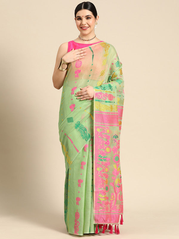Green Pure Cotton Woven Zari Design Floral Saree with Unstitched Blouse - Hiral Fashion | Grocsy