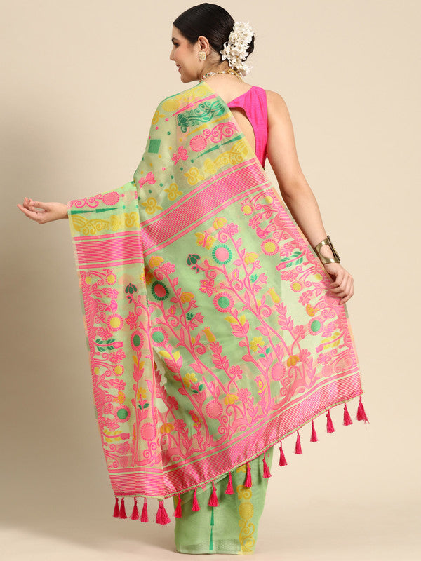 Green Pure Cotton Woven Zari Design Floral Saree with Unstitched Blouse - Hiral Fashion | Grocsy