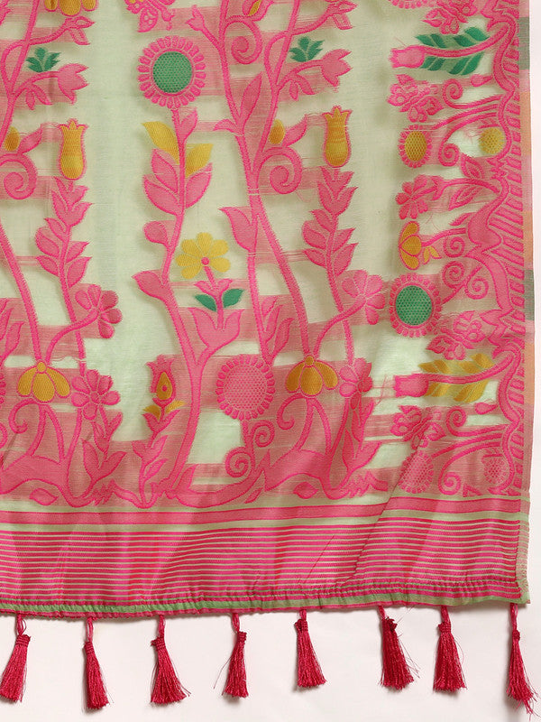 Green Pure Cotton Woven Zari Design Floral Saree with Unstitched Blouse - Hiral Fashion | Grocsy