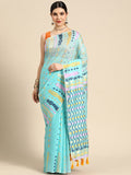 Turquoise Pure Cotton Woven Zari Design Geomatric Saree with Unstitched Blouse - Hiral Fashion | Grocsy