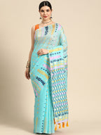 Turquoise Pure Cotton Woven Zari Design Geomatric Saree with Unstitched Blouse - Hiral Fashion | Grocsy
