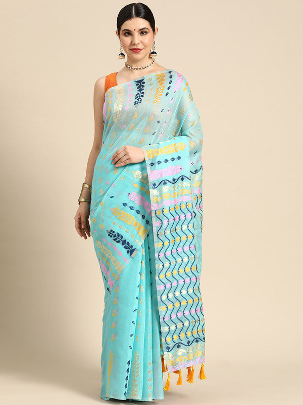 Turquoise Pure Cotton Woven Zari Design Geomatric Saree with Unstitched Blouse - Hiral Fashion | Grocsy