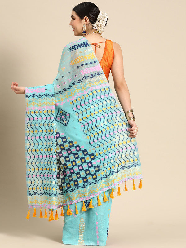 Turquoise Pure Cotton Woven Zari Design Geomatric Saree with Unstitched Blouse - Hiral Fashion | Grocsy