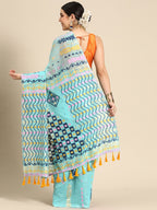 Turquoise Pure Cotton Woven Zari Design Geomatric Saree with Unstitched Blouse - Hiral Fashion | Grocsy