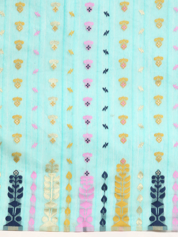 Turquoise Pure Cotton Woven Zari Design Geomatric Saree with Unstitched Blouse - Hiral Fashion | Grocsy