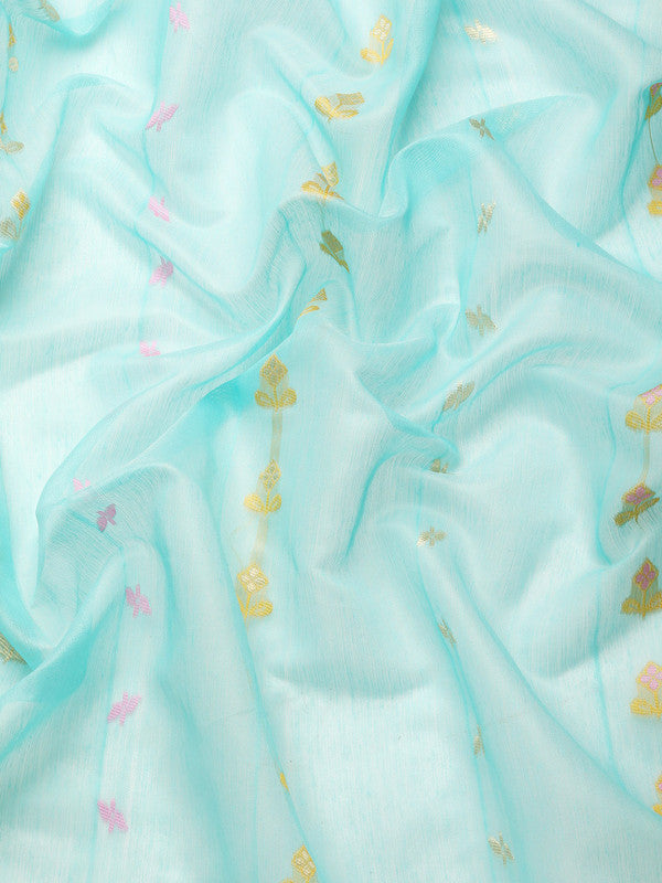 Turquoise Pure Cotton Woven Zari Design Geomatric Saree with Unstitched Blouse - Hiral Fashion | Grocsy