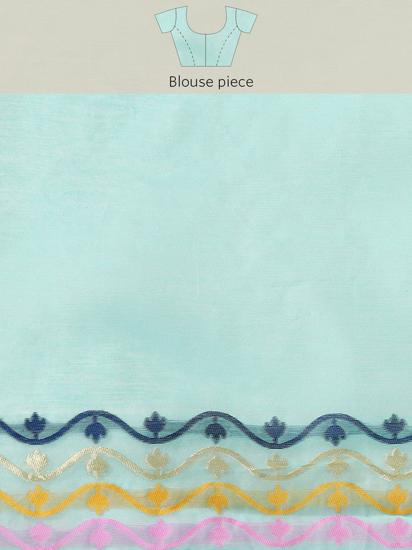 Turquoise Pure Cotton Woven Zari Design Geomatric Saree with Unstitched Blouse - Hiral Fashion | Grocsy