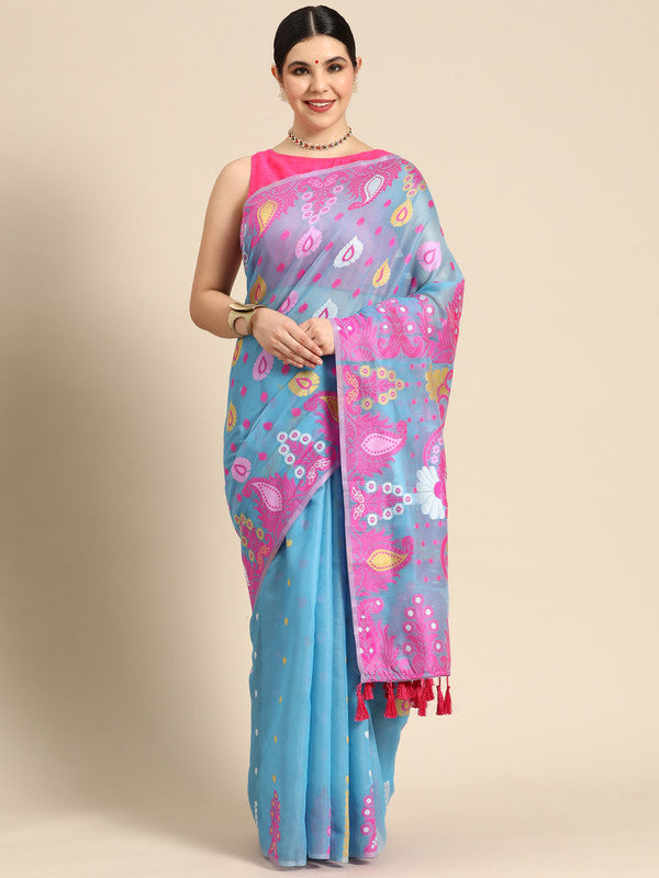 Blue Pure Cotton Woven Zari Design Paisley Saree with Unstitched Blouse - Hiral Fashion | Grocsy