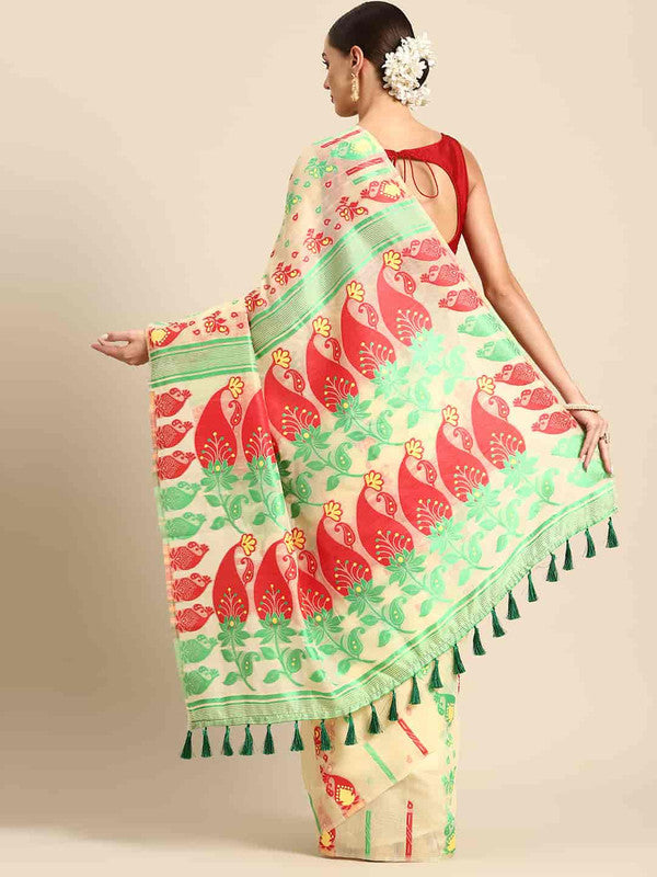 Beige Pure Cotton Woven Zari Design Paisley Saree with Unstitched Blouse - Hiral Fashion | Grocsy