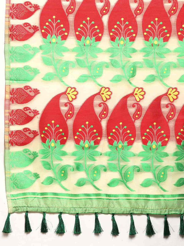 Beige Pure Cotton Woven Zari Design Paisley Saree with Unstitched Blouse - Hiral Fashion | Grocsy