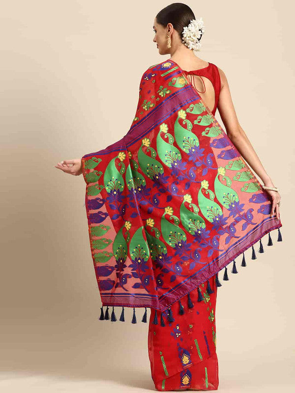 Red Pure Cotton Woven Zari Design Paisley Saree with Unstitched Blouse - Hiral Fashion | Grocsy