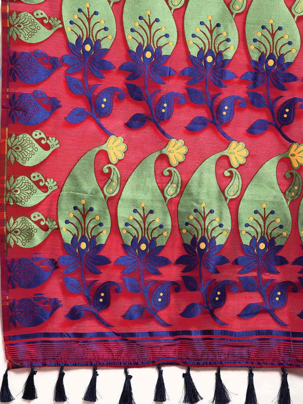 Red Pure Cotton Woven Zari Design Paisley Saree with Unstitched Blouse - Hiral Fashion | Grocsy