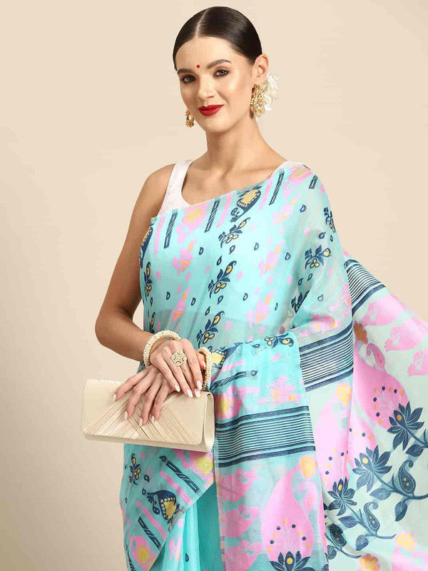 Turquoise Pure Cotton Woven Zari Design Paisley Saree with Unstitched Blouse - Hiral Fashion | Grocsy