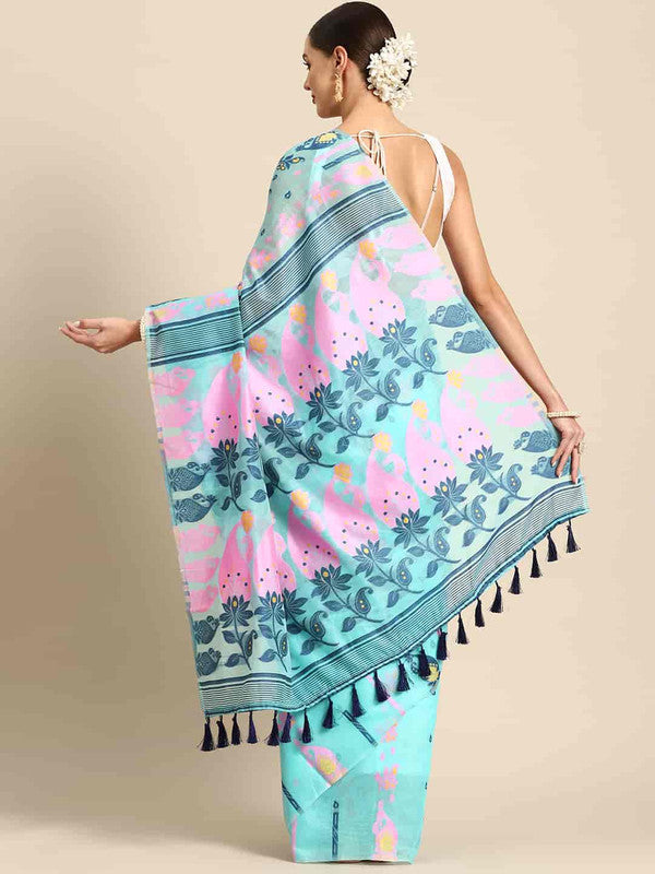 Turquoise Pure Cotton Woven Zari Design Paisley Saree with Unstitched Blouse - Hiral Fashion | Grocsy