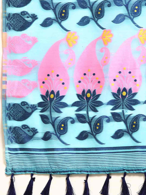 Turquoise Pure Cotton Woven Zari Design Paisley Saree with Unstitched Blouse - Hiral Fashion | Grocsy