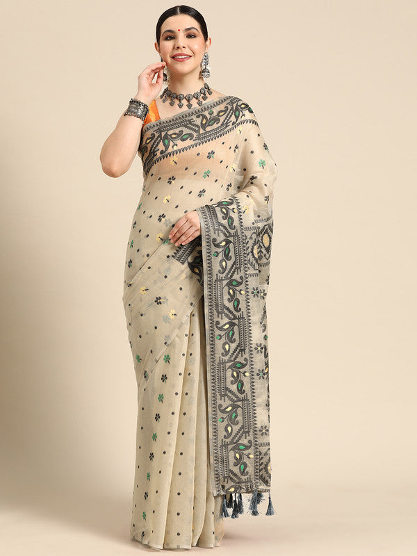 Black Pure Cotton Woven Zari Design Geomatric Saree with Unstitched Blouse - Hiral Fashion | Grocsy