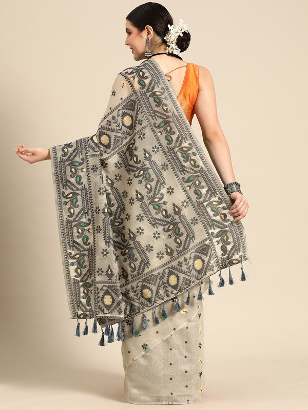 Black Pure Cotton Woven Zari Design Geomatric Saree with Unstitched Blouse - Hiral Fashion | Grocsy
