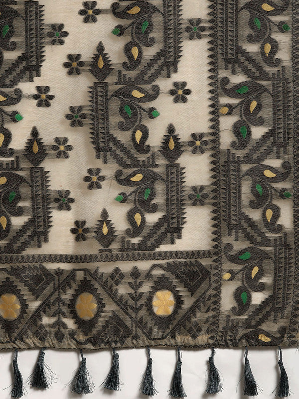 Black Pure Cotton Woven Zari Design Geomatric Saree with Unstitched Blouse - Hiral Fashion | Grocsy