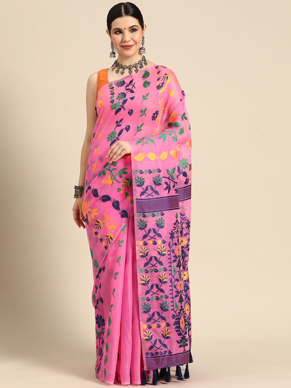 Pink Pure Cotton Woven Zari Design Floral Saree with Unstitched Blouse - Hiral Fashion | Grocsy