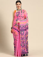 Pink Pure Cotton Woven Zari Design Floral Saree with Unstitched Blouse - Hiral Fashion | Grocsy