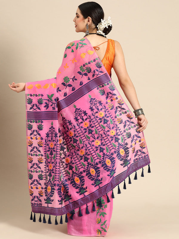Pink Pure Cotton Woven Zari Design Floral Saree with Unstitched Blouse - Hiral Fashion | Grocsy