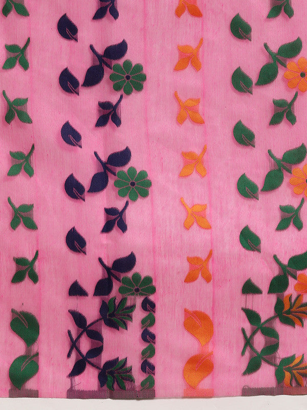 Pink Pure Cotton Woven Zari Design Floral Saree with Unstitched Blouse - Hiral Fashion | Grocsy