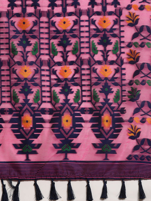 Pink Pure Cotton Woven Zari Design Floral Saree with Unstitched Blouse - Hiral Fashion | Grocsy