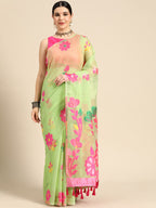 Green Pure Cotton Woven Zari Design Floral Saree with Unstitched Blouse - Hiral Fashion | Grocsy
