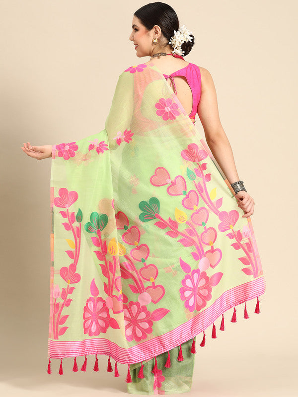 Green Pure Cotton Woven Zari Design Floral Saree with Unstitched Blouse - Hiral Fashion | Grocsy