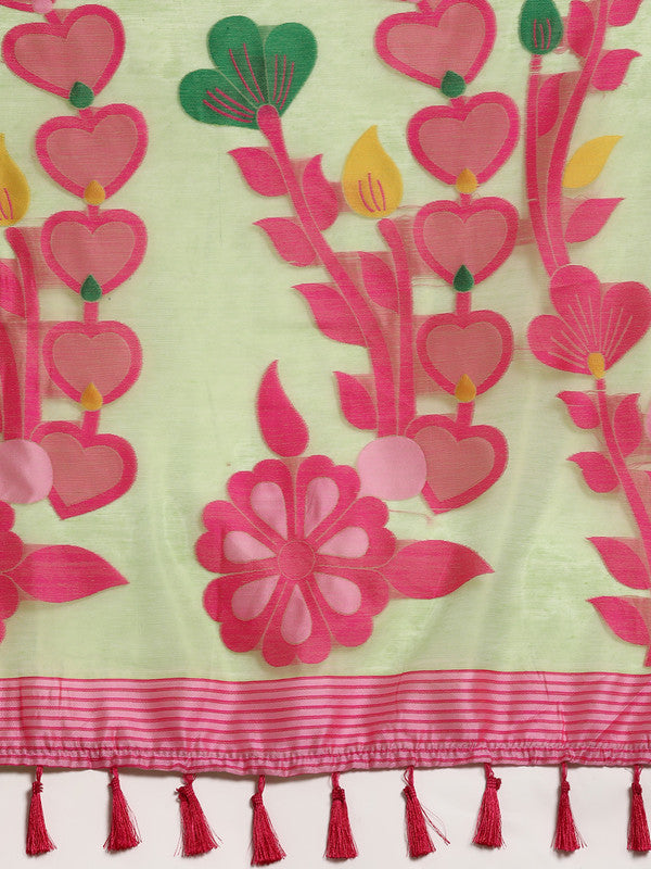 Green Pure Cotton Woven Zari Design Floral Saree with Unstitched Blouse - Hiral Fashion | Grocsy