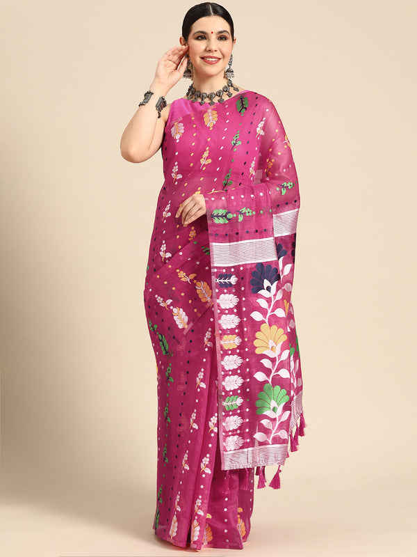 Magenta Pure Cotton Woven Zari Design Floral Saree with Unstitched Blouse - Hiral Fashion | Grocsy