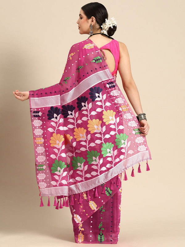 Magenta Pure Cotton Woven Zari Design Floral Saree with Unstitched Blouse - Hiral Fashion | Grocsy