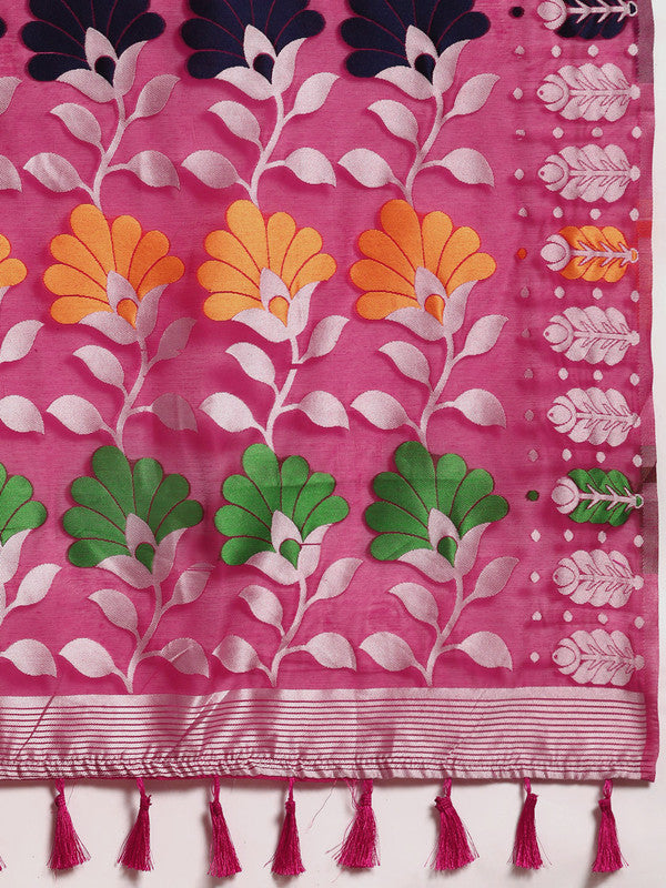 Magenta Pure Cotton Woven Zari Design Floral Saree with Unstitched Blouse - Hiral Fashion | Grocsy