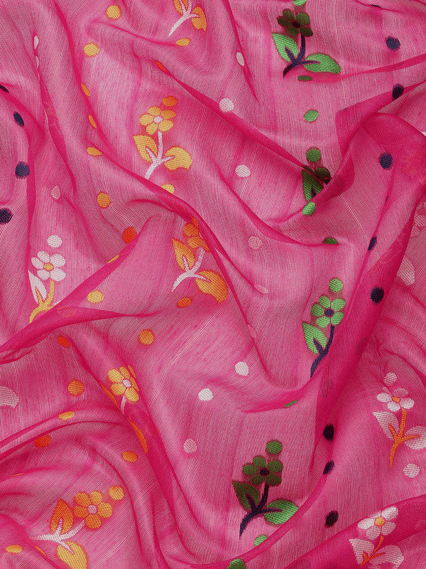 Magenta Pure Cotton Woven Zari Design Floral Saree with Unstitched Blouse - Hiral Fashion | Grocsy