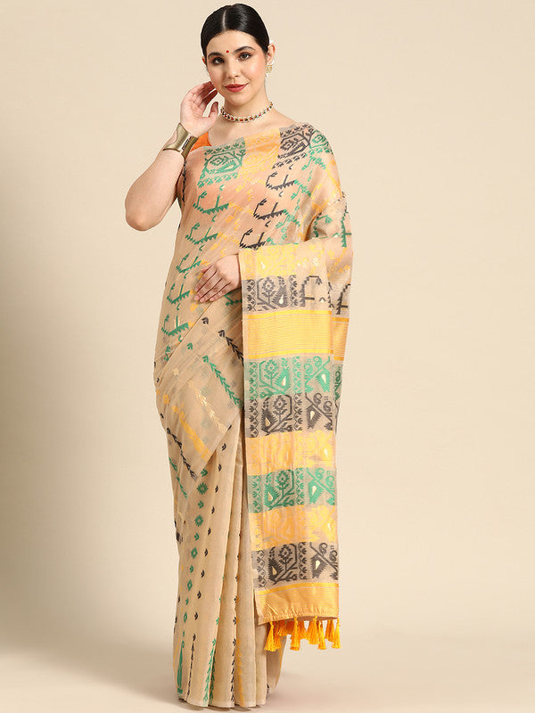 Multicolor Pure Cotton Woven Zari Design Geomatric Saree with Unstitched Blouse - Hiral Fashion | Grocsy