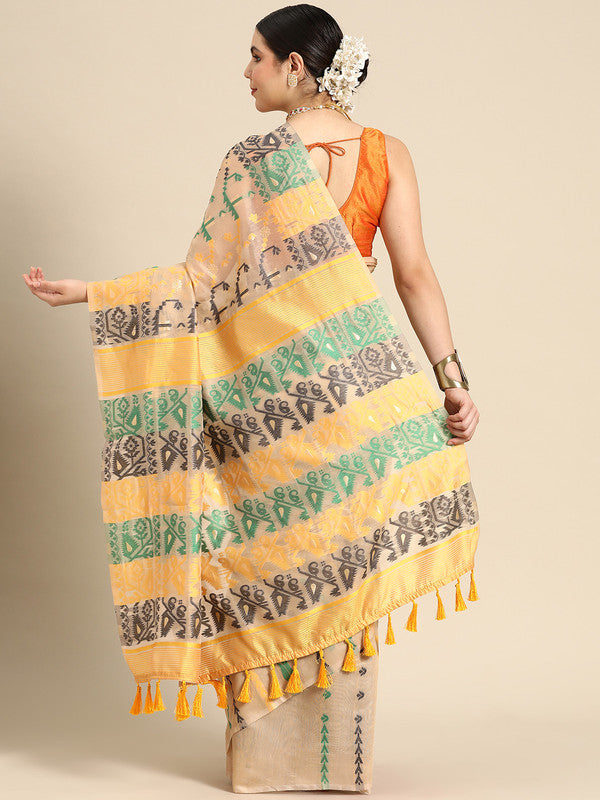 Multicolor Pure Cotton Woven Zari Design Geomatric Saree with Unstitched Blouse - Hiral Fashion | Grocsy