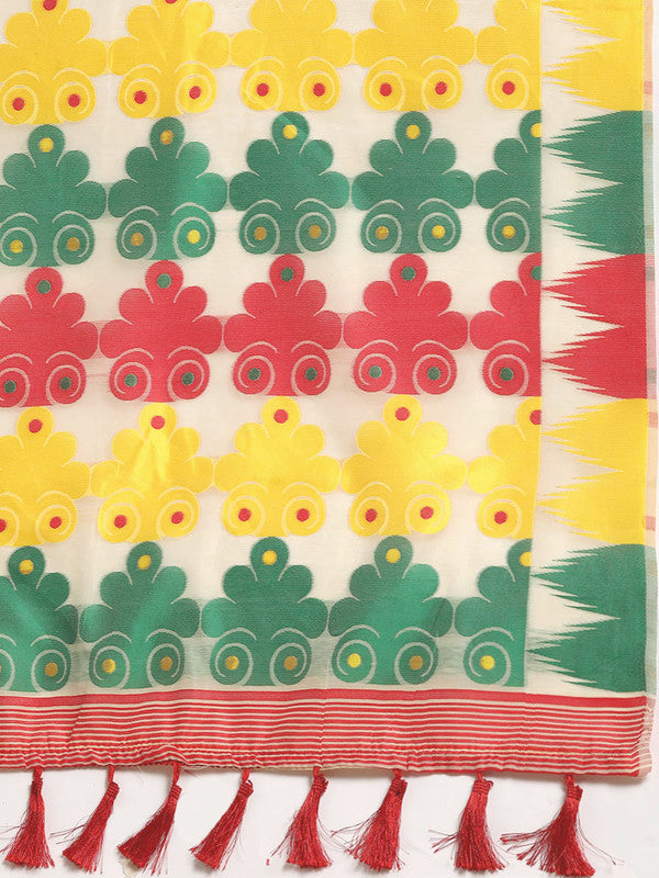 Beige Pure Cotton Woven Zari Design Floral Saree with Unstitched Blouse - Hiral Fashion | Grocsy