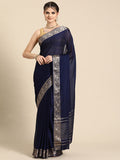 Navy Blue Pure Viscose Chinon Zari Woven Solid Saree with Unstitched Blouse - Hiral Fashion | Grocsy