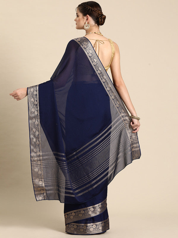 Navy Blue Pure Viscose Chinon Zari Woven Solid Saree with Unstitched Blouse - Hiral Fashion | Grocsy
