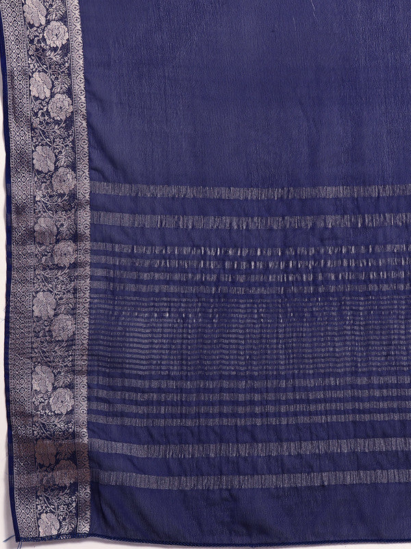 Navy Blue Pure Viscose Chinon Zari Woven Solid Saree with Unstitched Blouse - Hiral Fashion | Grocsy